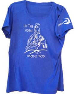 Blue short-sleeved t-shirt that says "Let the Horse Move You" around white line drawing of a horse and rider.